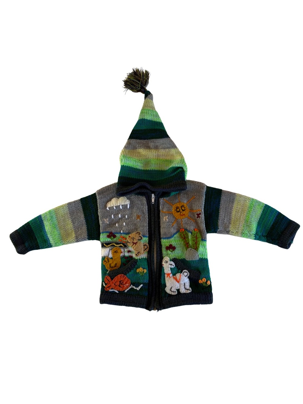 Handmade Peruvian Hooded Knit Cardigan Sweater Toddler Size 12–18M Whimsical